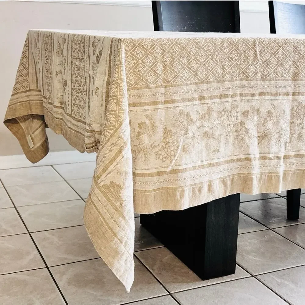 Williams Sonoma 70x126 Linen Cotton Jacquard Grapevine Tablecloth Taupe Ivory